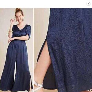 Maeve Anthropologie Womens Jacqueline Jacquard Jumpsuit Size S Blue Satin Boho